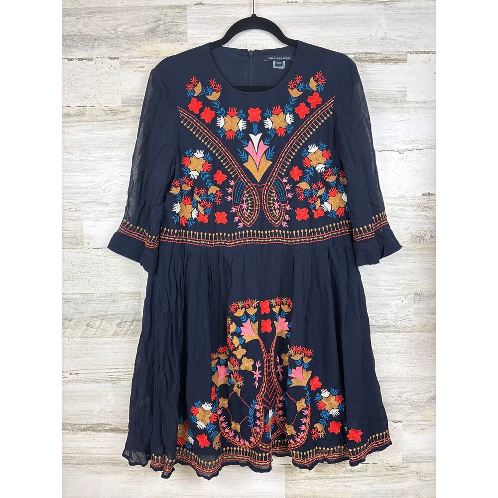 French Connection Womens 10 Navy Blue Floral Embroidered Boho Mini Dress - Picture 2 of 6